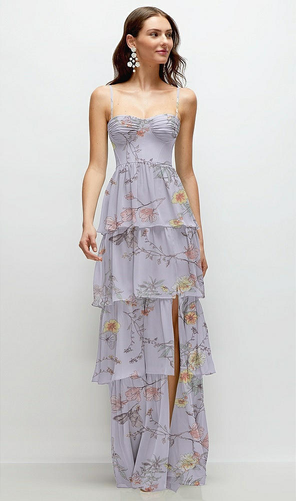 Front View - Butterfly Botanica Silver Dove Bustier-Style Chiffon Tiered Ruffle Maxi Dress with Adjustable Straps