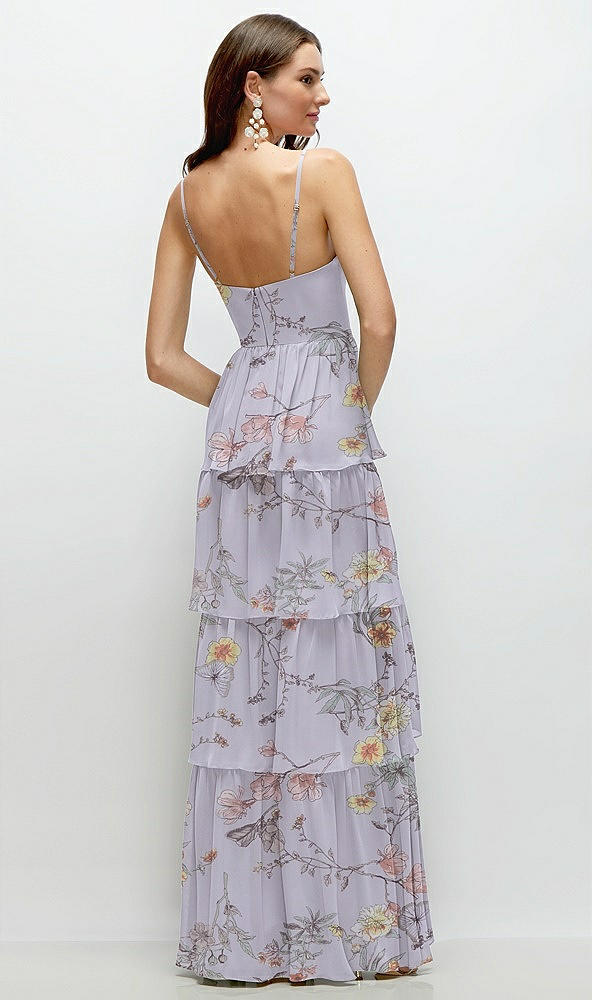 Back View - Butterfly Botanica Silver Dove Bustier-Style Chiffon Tiered Ruffle Maxi Dress with Adjustable Straps