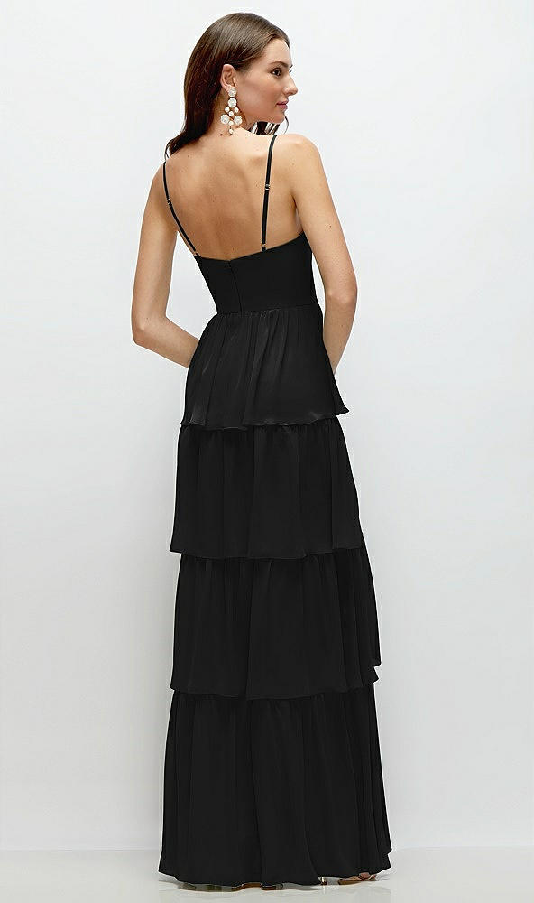 Back View - Black Bustier-Style Chiffon Tiered Ruffle Maxi Dress with Adjustable Straps