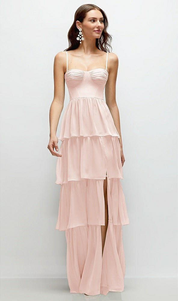 Front View - Blush Bustier-Style Chiffon Tiered Ruffle Maxi Dress with Adjustable Straps