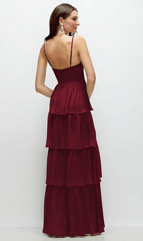 Back View - Burgundy Bustier-Style Chiffon Tiered Ruffle Maxi Dress with Adjustable Straps