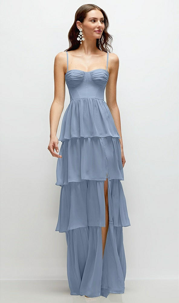 Front View - Cloudy Bustier-Style Chiffon Tiered Ruffle Maxi Dress with Adjustable Straps