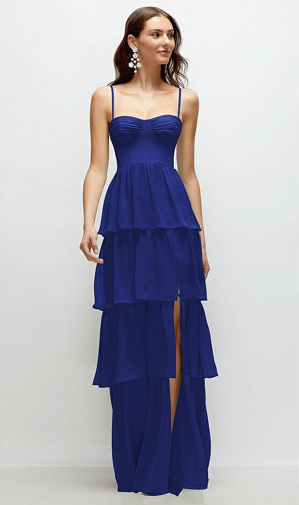 Front View - Cobalt Blue Bustier-Style Chiffon Tiered Ruffle Maxi Dress with Adjustable Straps