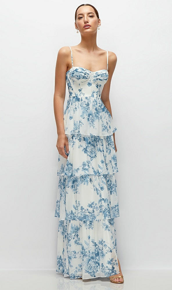 Front View - Cottage Rose Dusk Blue Bustier-Style Chiffon Tiered Ruffle Maxi Dress with Adjustable Straps