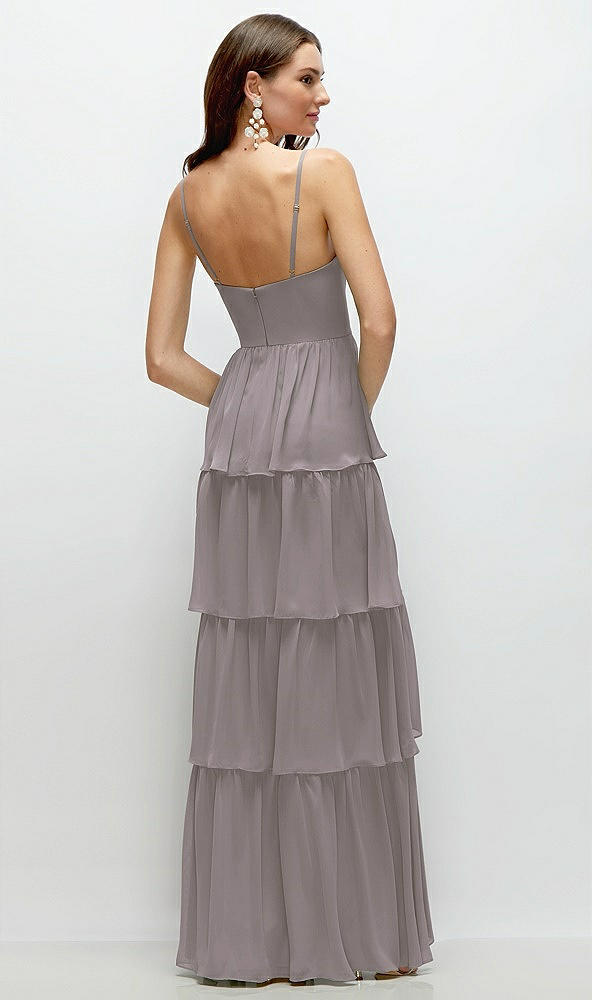 Back View - Cashmere Gray Bustier-Style Chiffon Tiered Ruffle Maxi Dress with Adjustable Straps