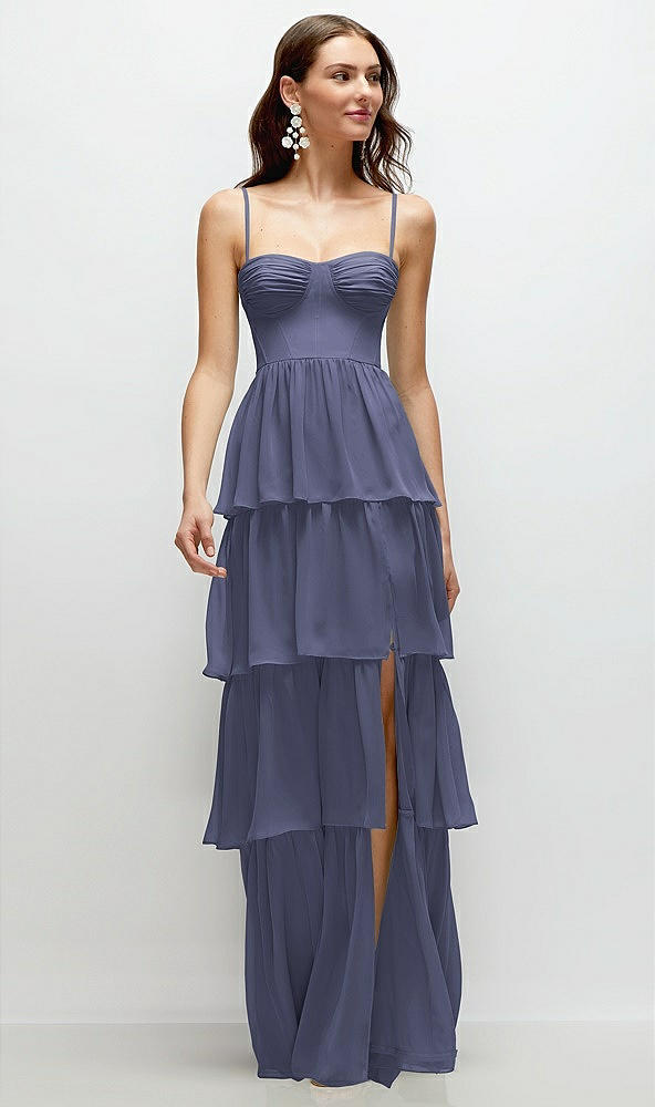 Front View - French Blue Bustier-Style Chiffon Tiered Ruffle Maxi Dress with Adjustable Straps