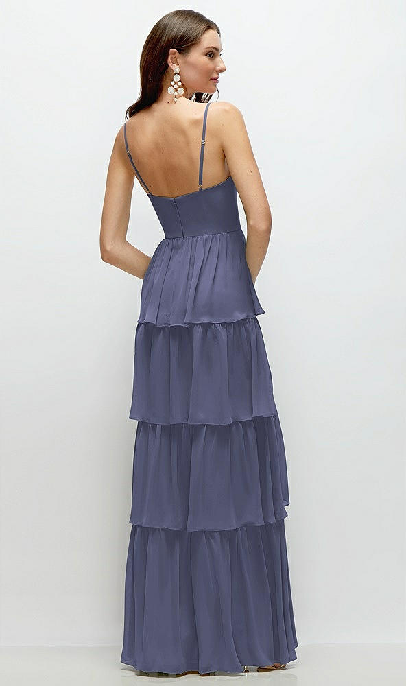 Back View - French Blue Bustier-Style Chiffon Tiered Ruffle Maxi Dress with Adjustable Straps