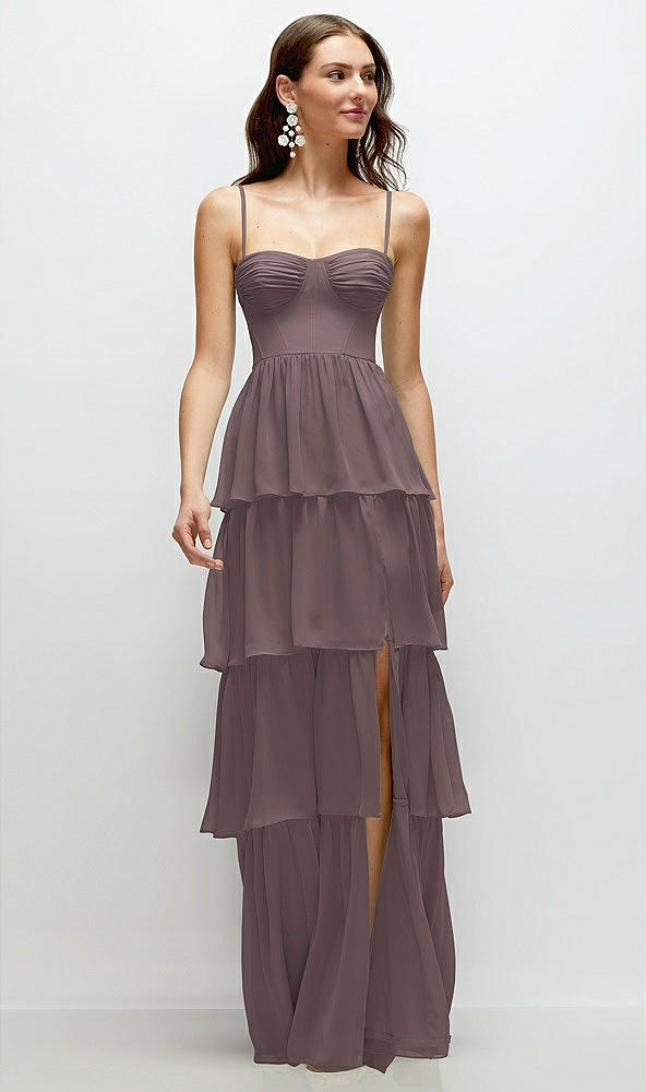 Front View - French Truffle Bustier-Style Chiffon Tiered Ruffle Maxi Dress with Adjustable Straps