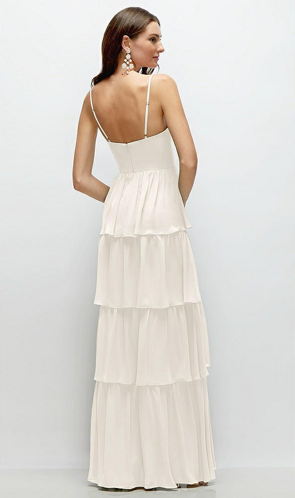 Back View - Ivory Bustier-Style Chiffon Tiered Ruffle Maxi Dress with Adjustable Straps