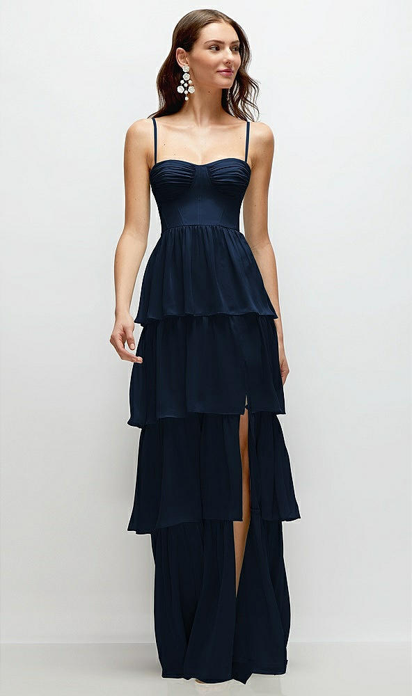 Front View - Midnight Navy Bustier-Style Chiffon Tiered Ruffle Maxi Dress with Adjustable Straps