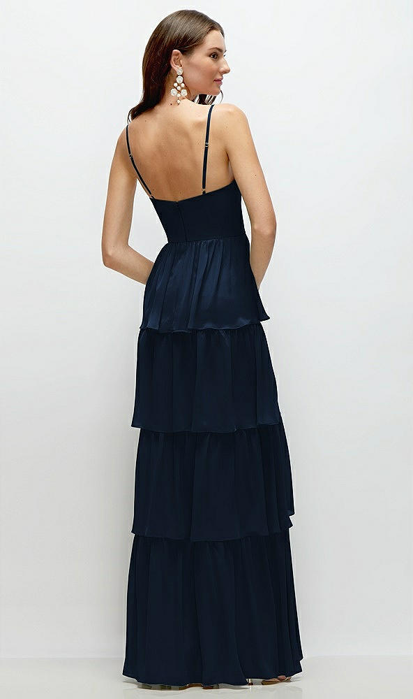 Back View - Midnight Navy Bustier-Style Chiffon Tiered Ruffle Maxi Dress with Adjustable Straps