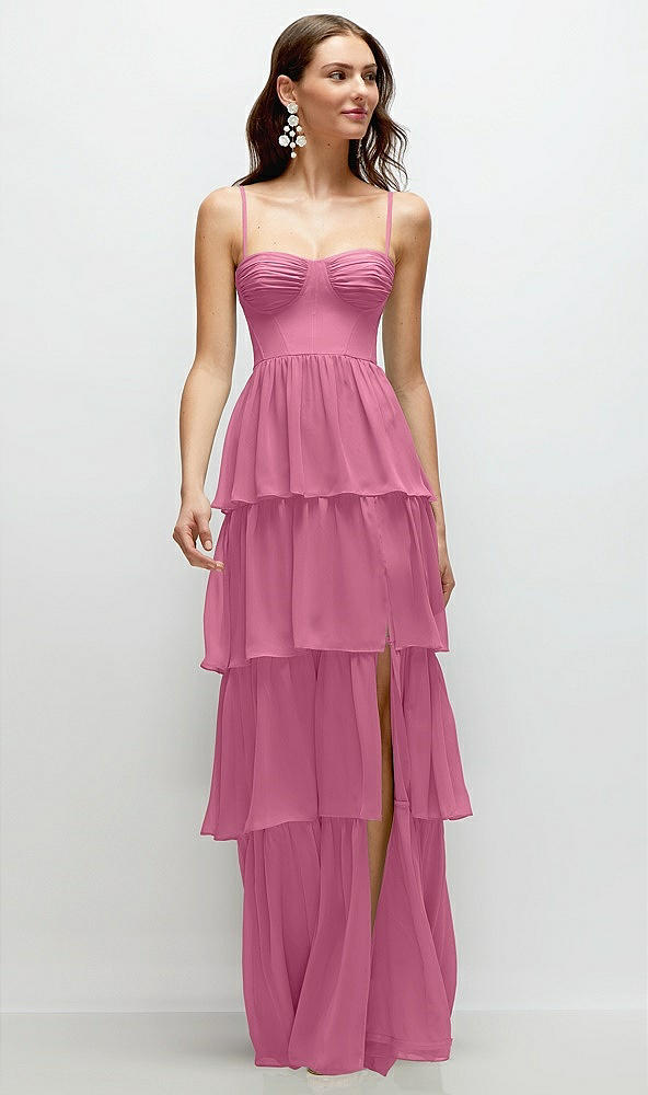 Front View - Orchid Pink Bustier-Style Chiffon Tiered Ruffle Maxi Dress with Adjustable Straps