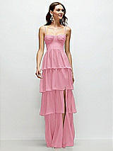 Front View Thumbnail - Peony Pink Bustier-Style Chiffon Tiered Ruffle Maxi Dress with Adjustable Straps