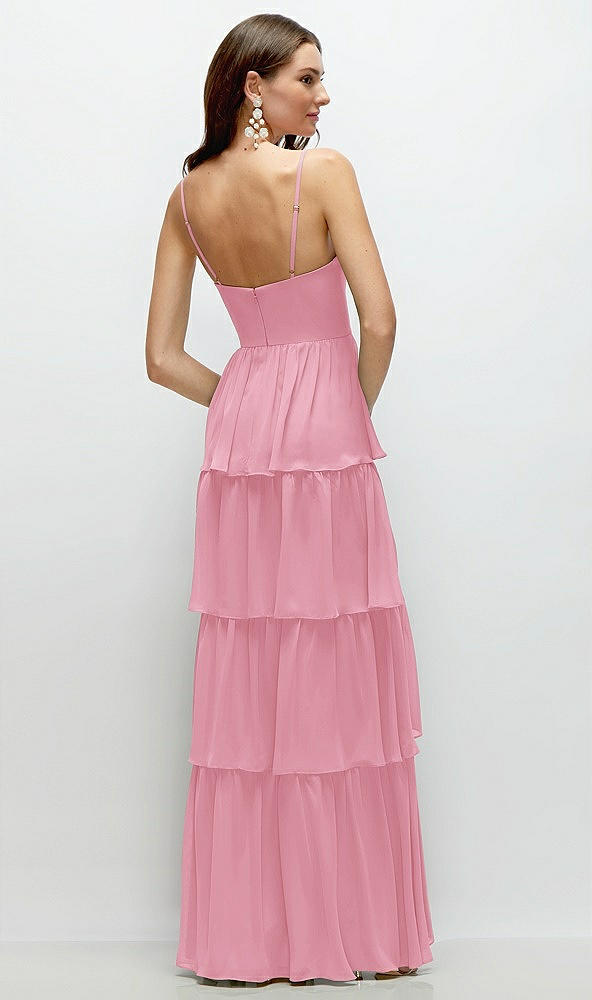 Back View - Peony Pink Bustier-Style Chiffon Tiered Ruffle Maxi Dress with Adjustable Straps