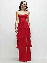 Front View Thumbnail - Parisian Red Bustier-Style Chiffon Tiered Ruffle Maxi Dress with Adjustable Straps