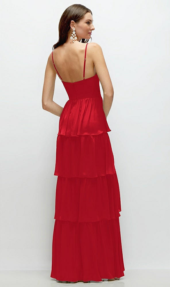 Back View - Parisian Red Bustier-Style Chiffon Tiered Ruffle Maxi Dress with Adjustable Straps