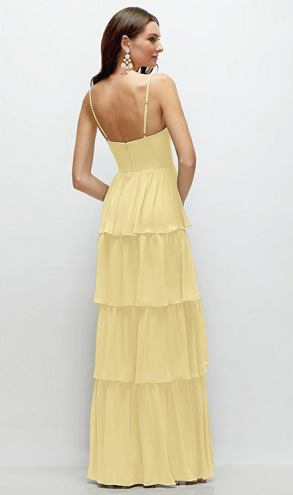 Back View - Pale Yellow Bustier-Style Chiffon Tiered Ruffle Maxi Dress with Adjustable Straps