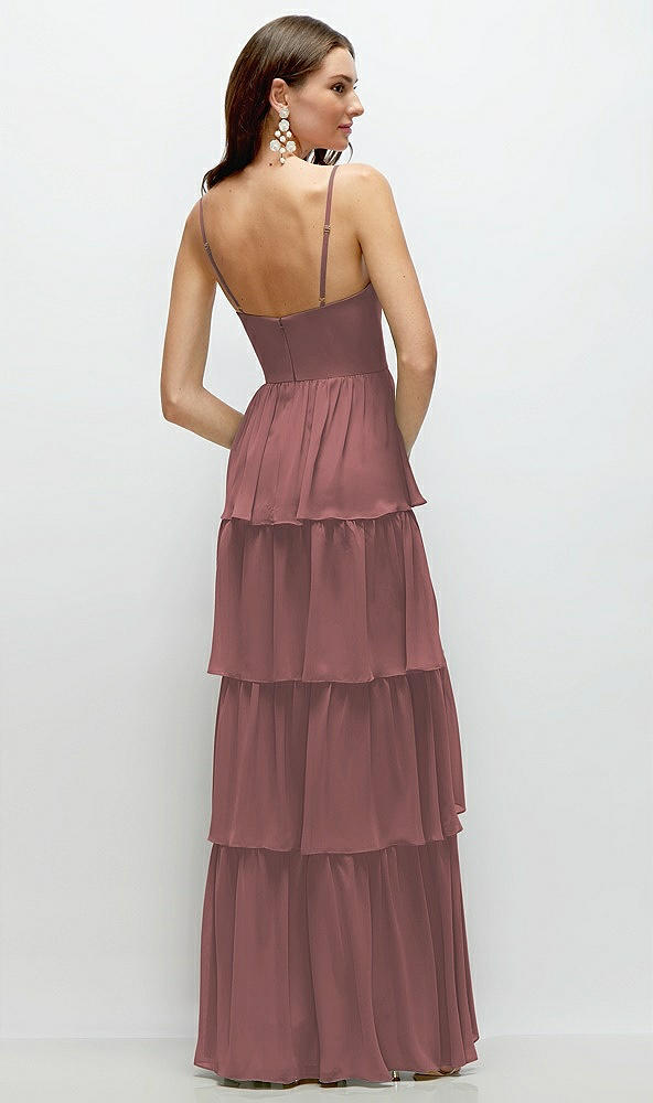 Back View - Rosewood Bustier-Style Chiffon Tiered Ruffle Maxi Dress with Adjustable Straps