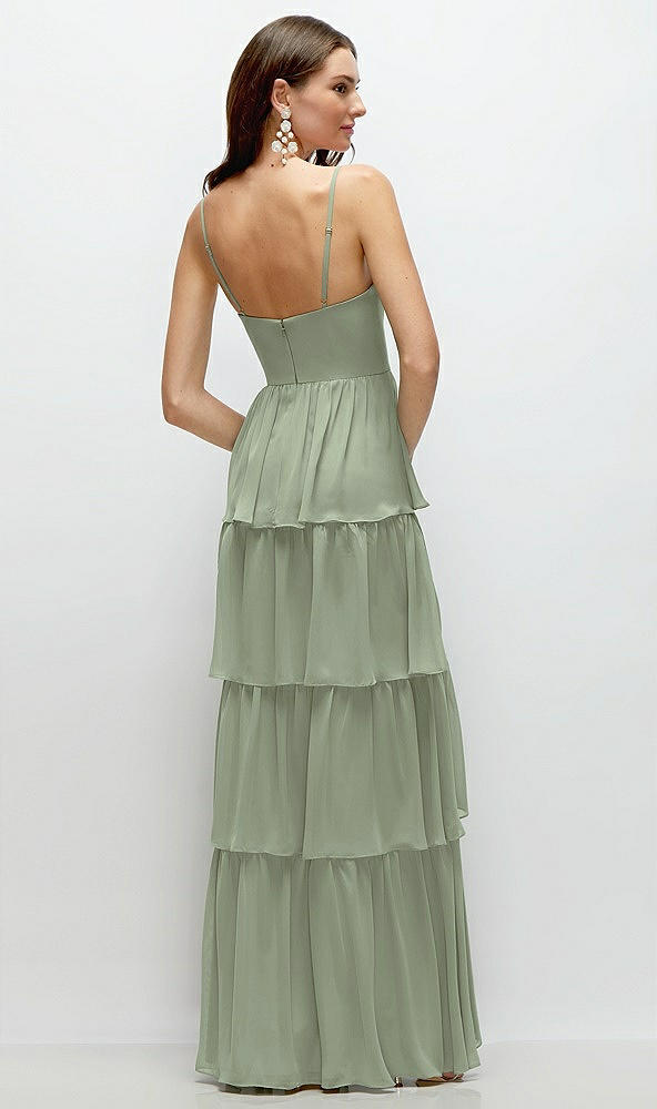 Back View - Sage Bustier-Style Chiffon Tiered Ruffle Maxi Dress with Adjustable Straps