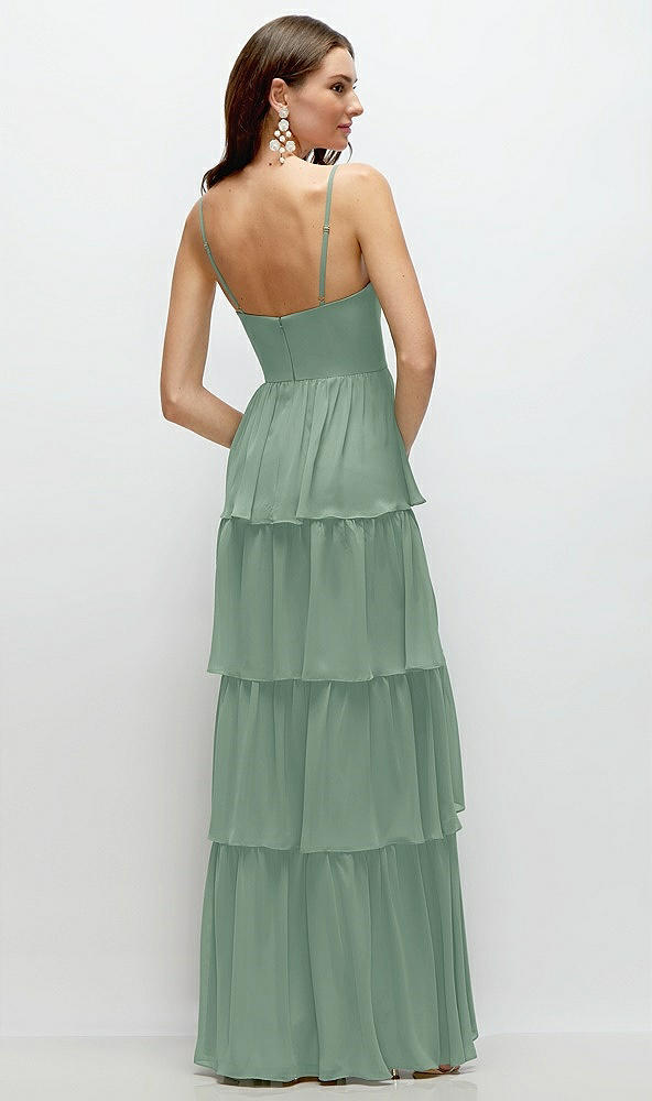 Back View - Seagrass Bustier-Style Chiffon Tiered Ruffle Maxi Dress with Adjustable Straps