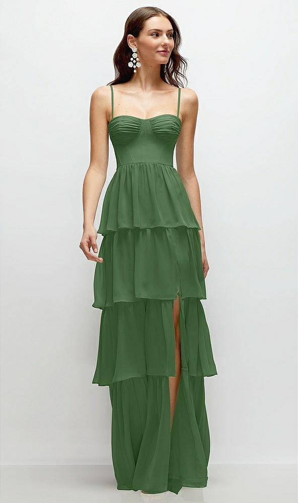 Front View - Vineyard Green Bustier-Style Chiffon Tiered Ruffle Maxi Dress with Adjustable Straps