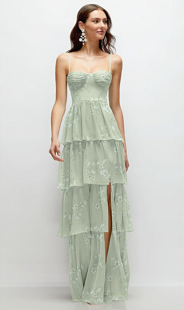 Front View - Vintage Primrose Sage Bustier-Style Chiffon Tiered Ruffle Maxi Dress with Adjustable Straps