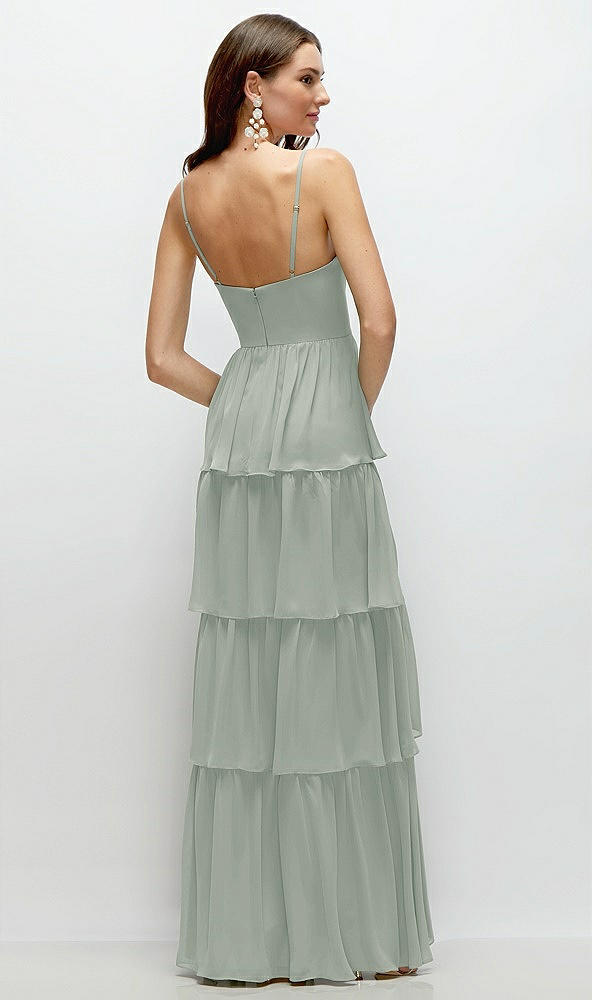 Back View - Willow Green Bustier-Style Chiffon Tiered Ruffle Maxi Dress with Adjustable Straps