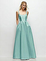 Front View Thumbnail - Coastal Scoop Neck Inset Corset Satin Maxi Dress with Pockets