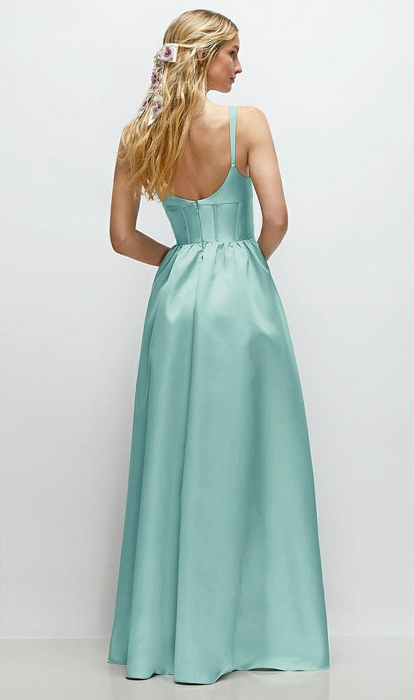 Back View - Coastal Scoop Neck Inset Corset Satin Maxi Dress with Pockets