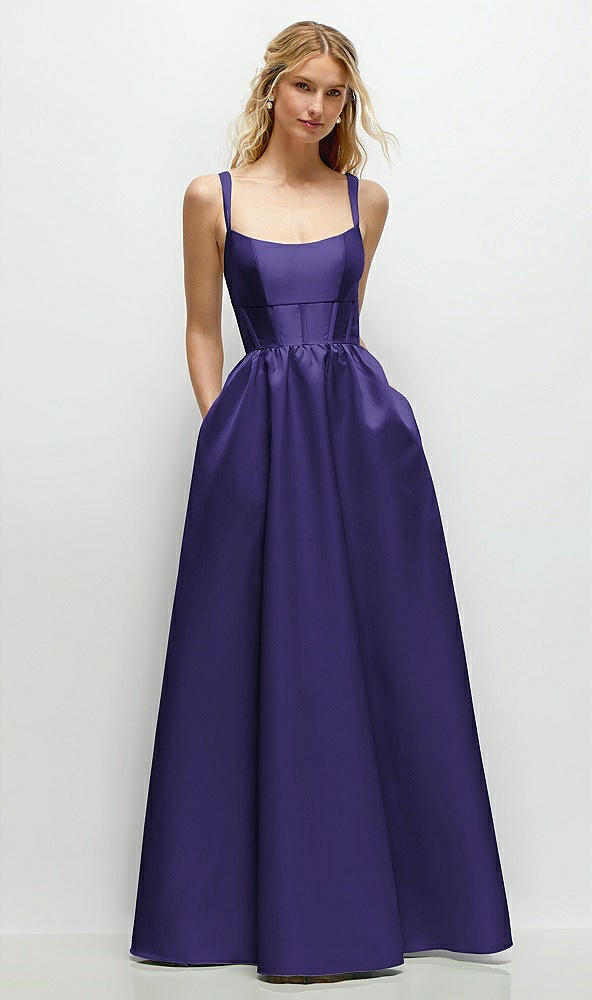 Front View - Grape Scoop Neck Inset Corset Satin Maxi Dress with Pockets