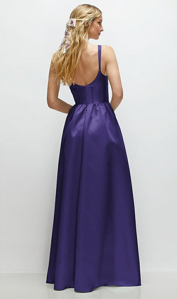 Back View - Grape Scoop Neck Inset Corset Satin Maxi Dress with Pockets