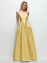 Front View Thumbnail - Maize Scoop Neck Inset Corset Satin Maxi Dress with Pockets