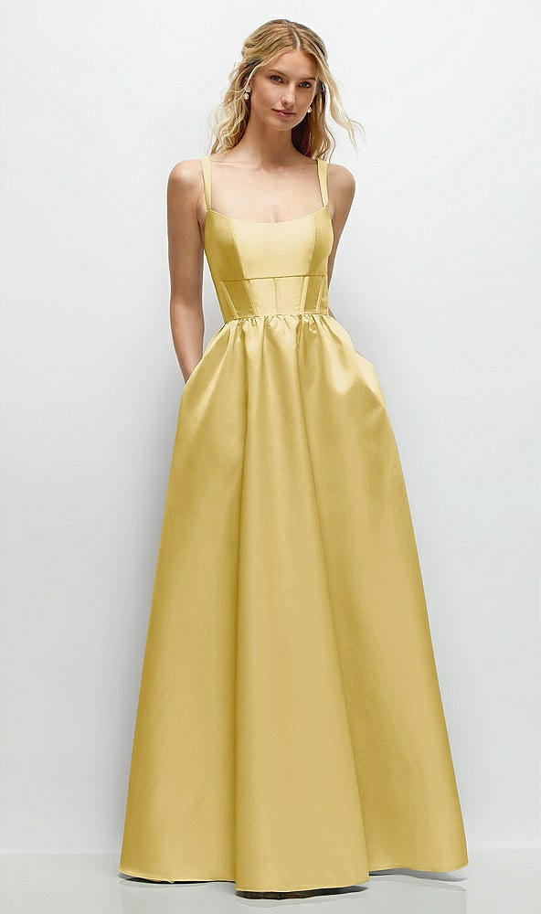 Front View - Maize Scoop Neck Inset Corset Satin Maxi Dress with Pockets