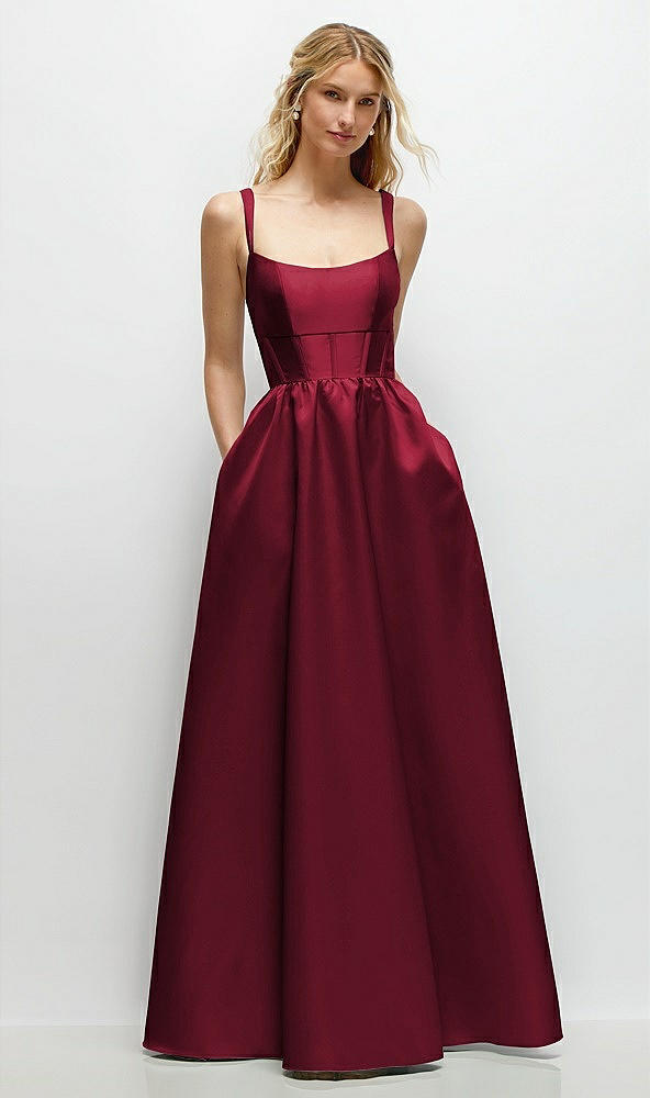 Front View - Burgundy Scoop Neck Inset Corset Satin Maxi Dress with Pockets