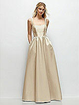 Front View Thumbnail - Champagne Scoop Neck Inset Corset Satin Maxi Dress with Pockets