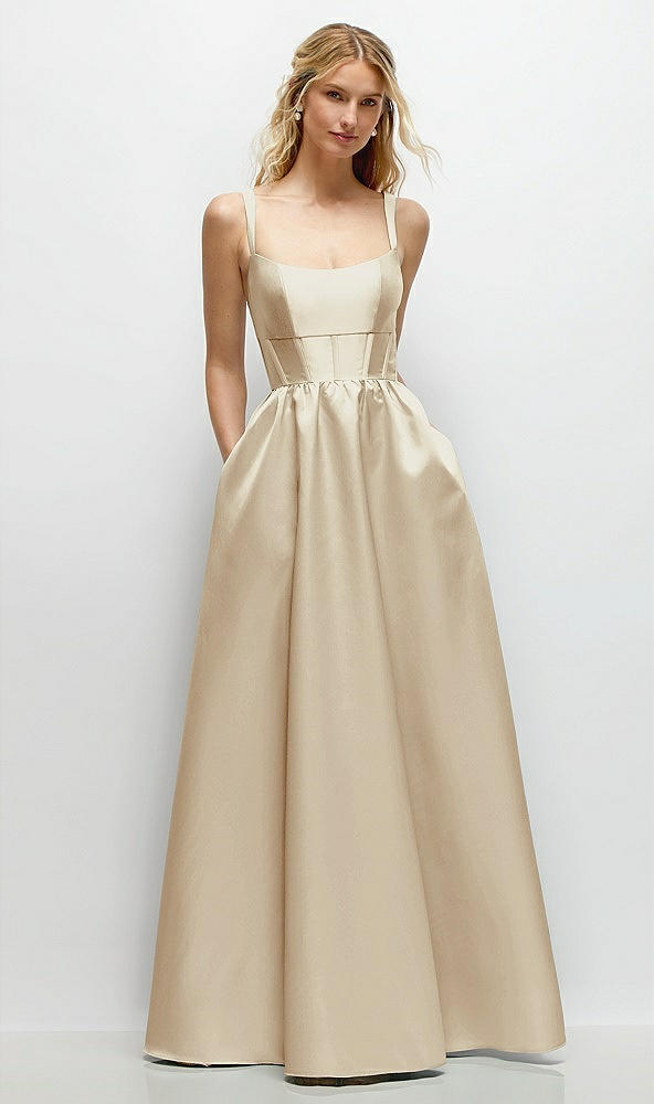 Front View - Champagne Scoop Neck Inset Corset Satin Maxi Dress with Pockets