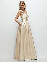 Side View Thumbnail - Champagne Scoop Neck Inset Corset Satin Maxi Dress with Pockets