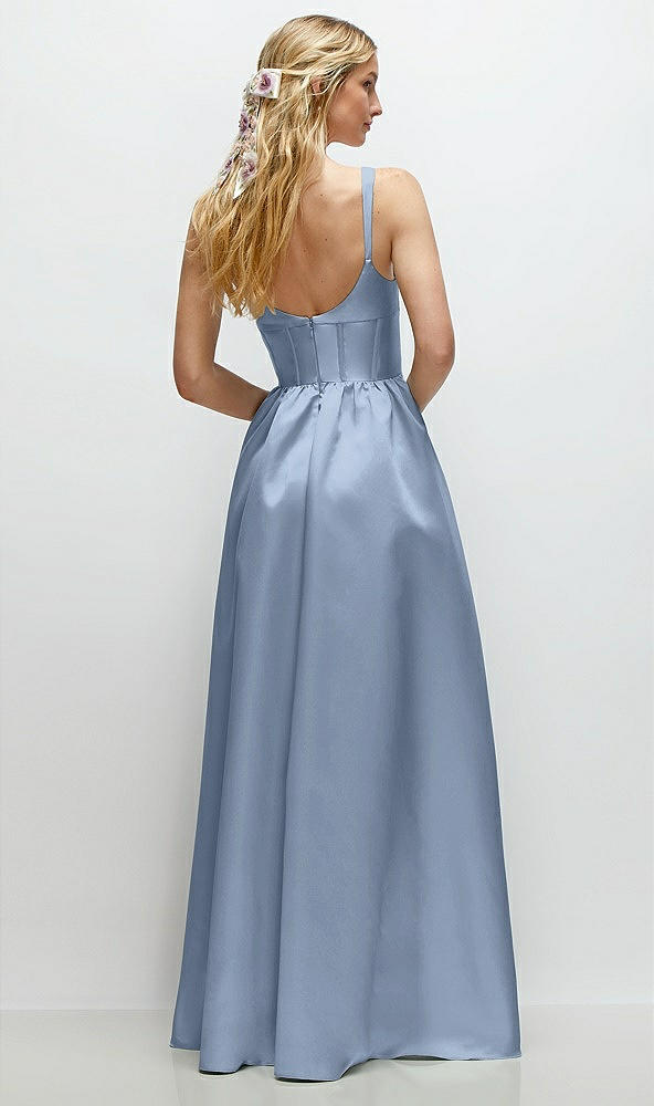 Back View - Cloudy Scoop Neck Inset Corset Satin Maxi Dress with Pockets