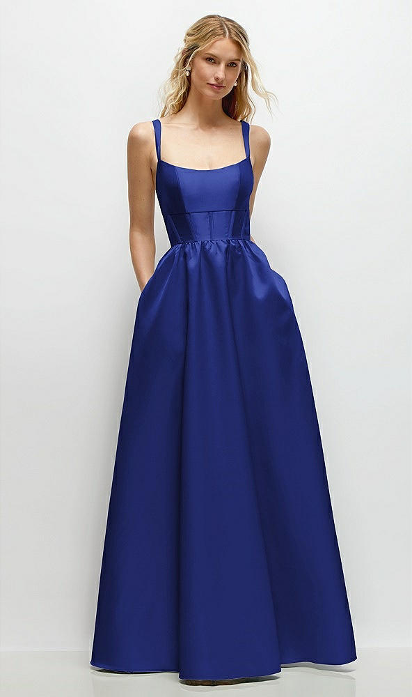 Front View - Cobalt Blue Scoop Neck Inset Corset Satin Maxi Dress with Pockets