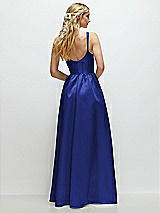 Rear View Thumbnail - Cobalt Blue Scoop Neck Inset Corset Satin Maxi Dress with Pockets