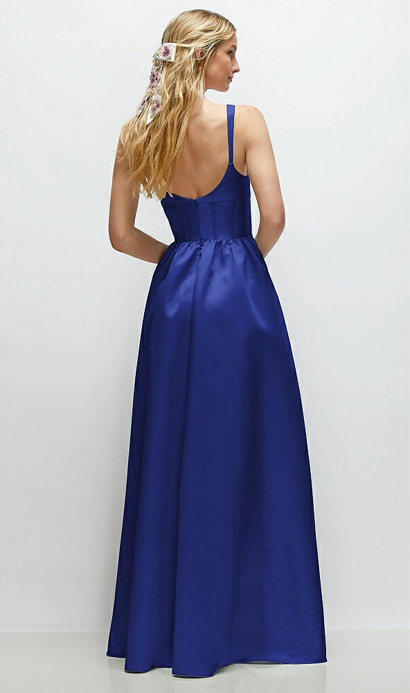 Back View - Cobalt Blue Scoop Neck Inset Corset Satin Maxi Dress with Pockets