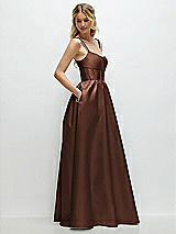 Side View Thumbnail - Cognac Scoop Neck Inset Corset Satin Maxi Dress with Pockets