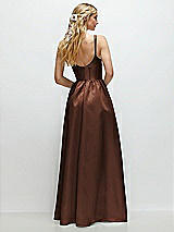 Rear View Thumbnail - Cognac Scoop Neck Inset Corset Satin Maxi Dress with Pockets