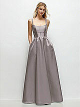 Front View Thumbnail - Cashmere Gray Scoop Neck Inset Corset Satin Maxi Dress with Pockets