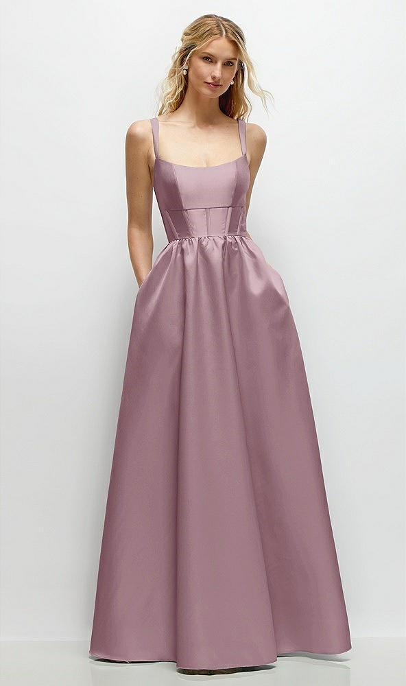 Front View - Dusty Rose Scoop Neck Inset Corset Satin Maxi Dress with Pockets