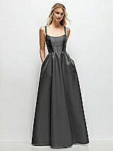 Front View Thumbnail - Gunmetal Scoop Neck Inset Corset Satin Maxi Dress with Pockets