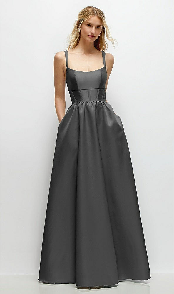 Front View - Gunmetal Scoop Neck Inset Corset Satin Maxi Dress with Pockets