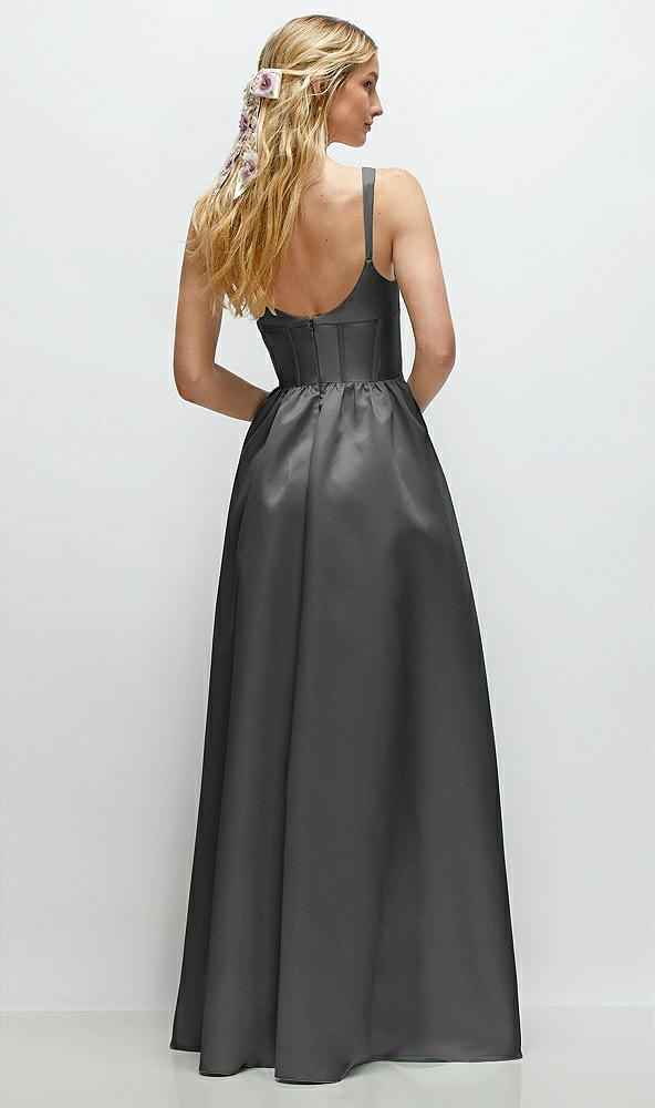 Back View - Gunmetal Scoop Neck Inset Corset Satin Maxi Dress with Pockets