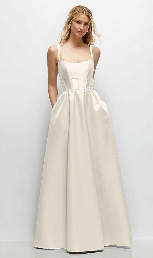 Front View - Ivory Scoop Neck Inset Corset Satin Maxi Dress with Pockets