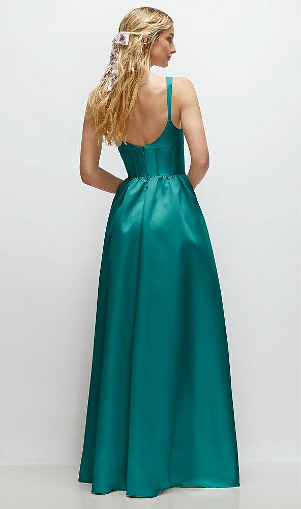 Back View - Jade Scoop Neck Inset Corset Satin Maxi Dress with Pockets